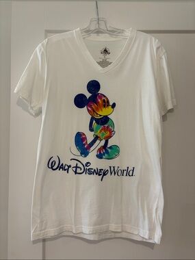 Disney White V-Neck Mickey Tie-Dye Graphic Tee
